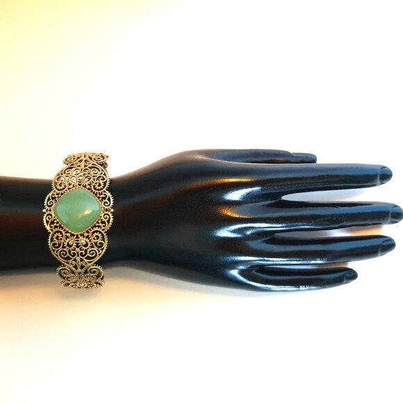 Vintage 1950s Chinese Export Green Jade Sterling Gold Vermeil Filigree Bracelet - Picture 11 of 13